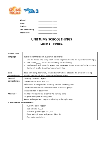 Giáo án Tiếng Anh Lớp 3 (Global success) - Unit 8: My school things