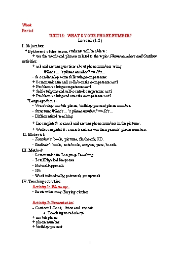 Giáo án Tiếng Anh Lớp 4 (Global Success) - Period 127 to 136 - Unit 18: What’s your phone number