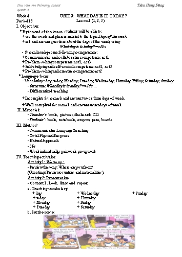 Giáo án Tiếng Anh Lớp 4 (Global Success) - Period 13 to 18 - Unit 3: What day is it today - Trần Hùng Dũng