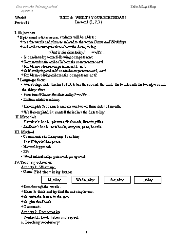 Giáo án Tiếng Anh Lớp 4 (Global Success) - Period 19 to 24 - Unit 4: When’s your birthday - Trần Hùng Dũng