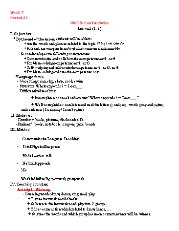 Giáo án Tiếng Anh Lớp 4 (Global Success) - Period 25 to 30 - Unit 5: Can you swim - Trần Hùng Dũng