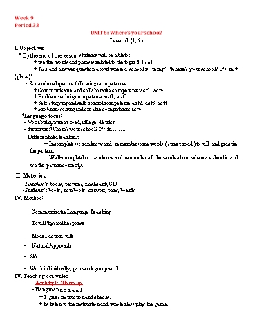 Giáo án Tiếng Anh Lớp 4 (Global Success) - Period 33 to 38 - Unit 6: Where’s your school - Trần Hùng Dũng