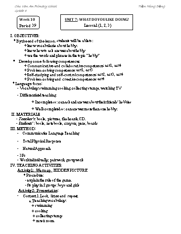 Giáo án Tiếng Anh Lớp 4 (Global Success) - Period 39 to 44 - Unit 7: What do you like doing - Trần Hùng Dũng