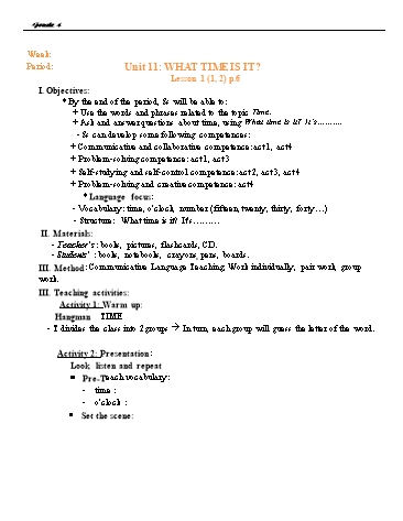 Giáo án Tiếng Anh Lớp 4 (Global Success) - Period 51 to 56 - Unit 11: What time is it