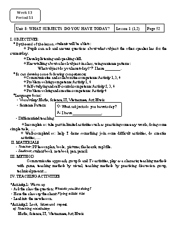 Giáo án Tiếng Anh Lớp 4 (Global Success) - Period 51 to 56 - Unit 8: What subjects do you have today - Trần Hùng Dũng