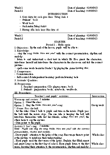 Giáo án Tiếng Anh Lớp 4 (Global Success) - Week 1, Period 1 to 4 - Năm học 2023-2024