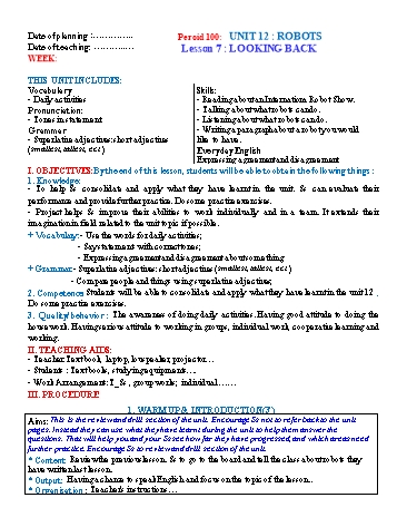 Giáo án Tiếng Anh Lớp 6 (Global success) - Period 100 - Unit 12: Robots. Lesson 7: Looking back