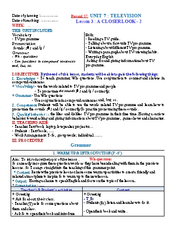 Giáo án Tiếng Anh Lớp 6 (Global success) - Period 57 - Unit 7: Television. Lesson 3: A Closer look 2