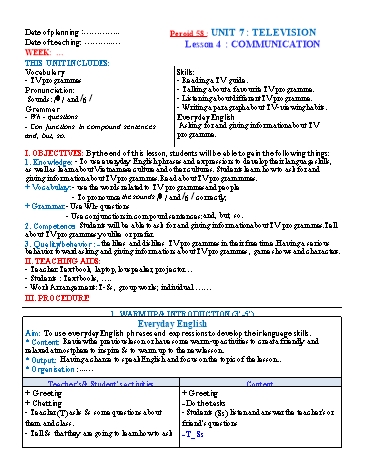 Giáo án Tiếng Anh Lớp 6 (Global success) - Period 58 - Unit 7: Television. Lesson 4: Communication