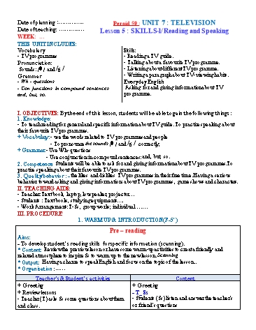 Giáo án Tiếng Anh Lớp 6 (Global success) - Period 59 - Unit 7: Television. Lesson 5: Skills-1