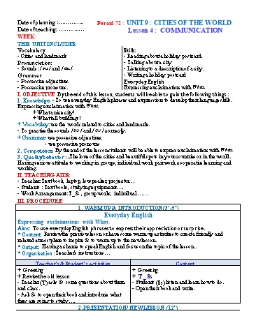 Giáo án Tiếng Anh Lớp 6 (Global success) - Period 72 - Unit 9: Cities of the world. Lesson 4: Communication