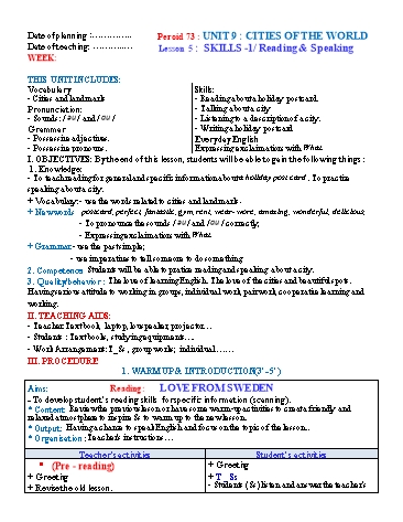 Giáo án Tiếng Anh Lớp 6 (Global success) - Period 73 - Unit 9: Cities of the world. Lesson 5: Skills-1