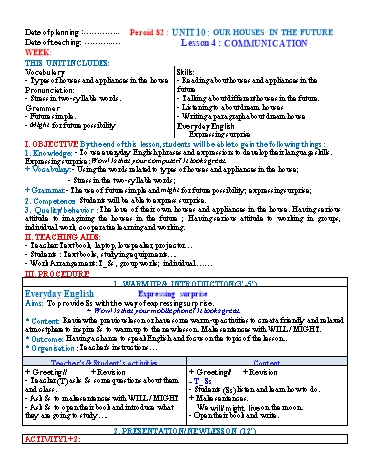 Giáo án Tiếng Anh Lớp 6 (Global success) - Period 82 - Unit 10: Our houses in the future. Lesson 4: Communication