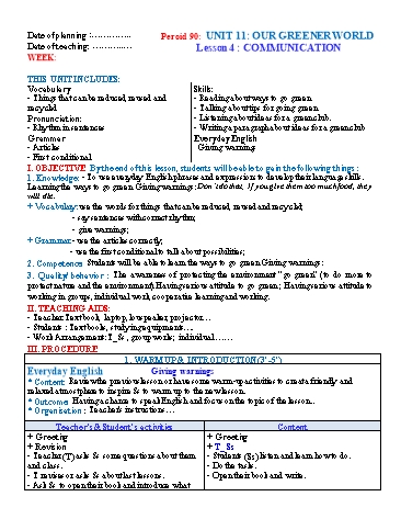 Giáo án Tiếng Anh Lớp 6 (Global success) - Period 90 - Unit 11: Our greener world. Lesson 4: Communication