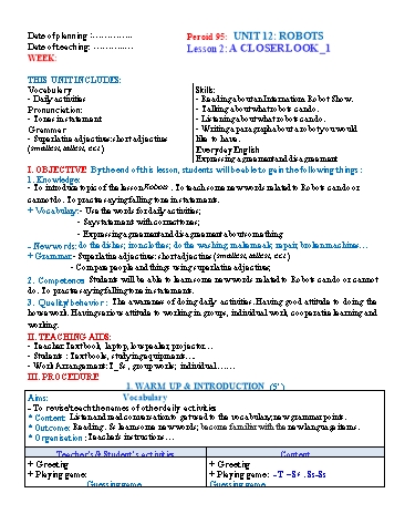 Giáo án Tiếng Anh Lớp 6 (Global success) - Period 95 - Unit 12: Robots. Lesson 2: A Closer look-1