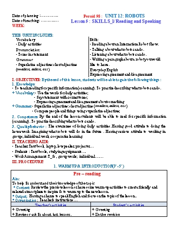 Giáo án Tiếng Anh Lớp 6 (Global success) - Period 98 - Unit 12: Robots. Lesson 5: Skills 1