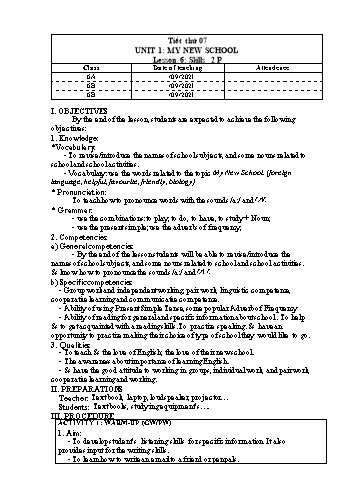 Giáo án Tiếng Anh Lớp 6 (Global success) - Unit 1: My new school. Lesson 6+7 - Năm học 2021-2022