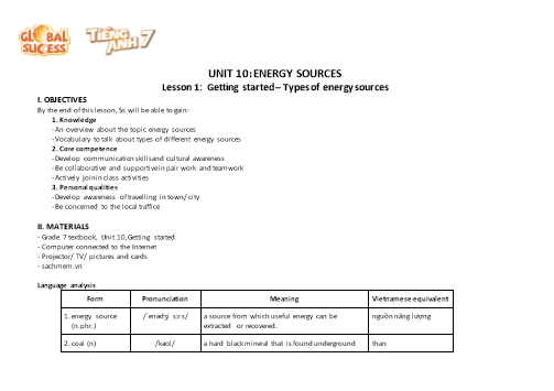 Giáo án Tiếng Anh Lớp 7 (Global Success) - Unit 10: Energy Sources