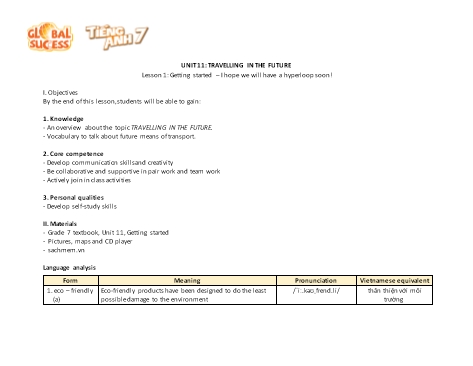Giáo án Tiếng Anh Lớp 7 (Global Success) - Unit 11: Travelling In The Future