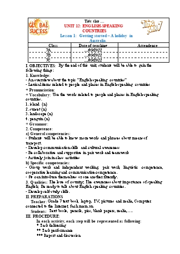 Giáo án Tiếng Anh Lớp 7 (Global success) - Unit 12: English-Speaking Countries. Lesson 1: Getting started-A holiday in Australia - Năm học 2022-2023