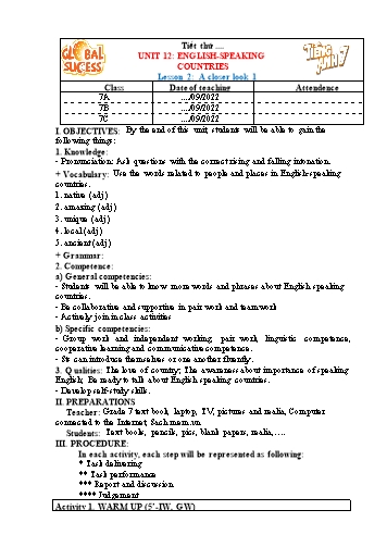 Giáo án Tiếng Anh Lớp 7 (Global success) - Unit 12: English-Speaking Countries. Lesson 2: A closer look 1 - Năm học 2022-2023