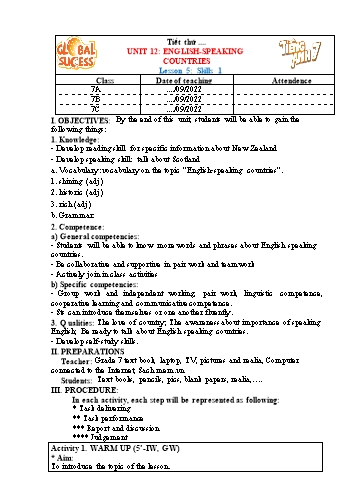 Giáo án Tiếng Anh Lớp 7 (Global success) - Unit 12: English-Speaking Countries. Lesson 5: Skills 1 - Năm học 2022-2023