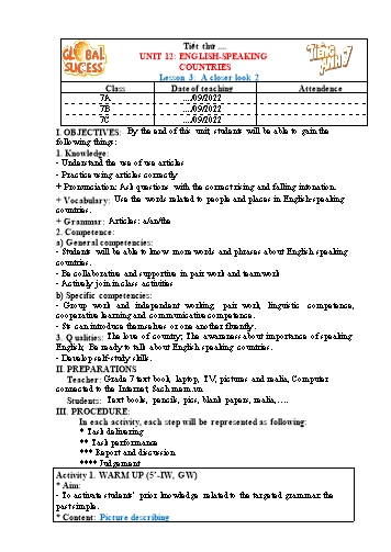 Giáo án Tiếng Anh Lớp 7 (Global success) - Unit 12: English-Speaking Countries. Lesson 3: A closer look 2 - Năm học 2022-2023