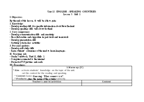 Giáo án Tiếng Anh Lớp 7 (Global Success) - Unit 12: English-Speaking Countries. Lesson 5: Skill 1