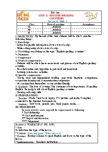 Giáo án Tiếng Anh Lớp 7 (Global success) - Unit 12: English-Speaking Countries. Lesson 6: Skills 2 - Năm học 2022-2023