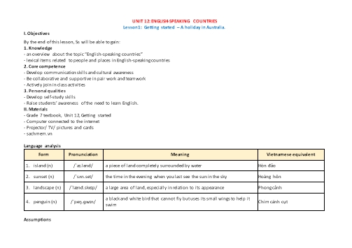 Giáo án Tiếng Anh Lớp 7 (Global Success) - Unit 12: English-Speaking Countries