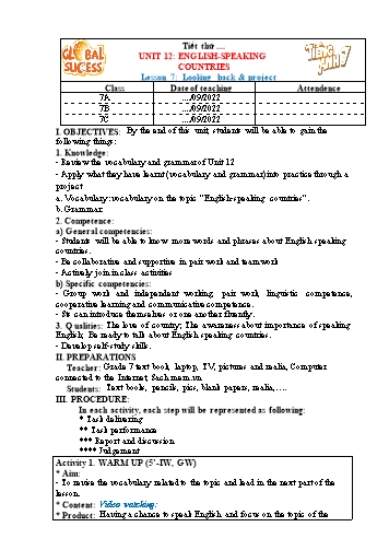 Giáo án Tiếng Anh Lớp 7 (Global success) - Unit 12: English-Speaking Countries. Lesson 7: Looking back & project - Năm học 2022-2023