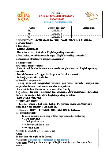 Giáo án Tiếng Anh Lớp 7 (Global success) - Unit 12: English-Speaking Countries. Lesson 4: Communication - Năm học 2022-2023