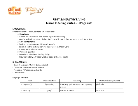 Giáo án Tiếng Anh Lớp 7 (Global Success) - Unit 2: Healthy Living