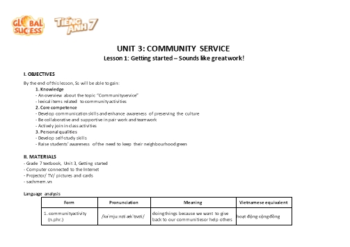 Giáo án Tiếng Anh Lớp 7 (Global Success) - Unit 3: Community Service