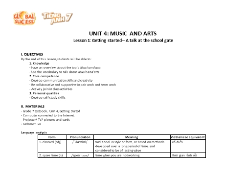 Giáo án Tiếng Anh Lớp 7 (Global Success) - Unit 4: Music and Arts