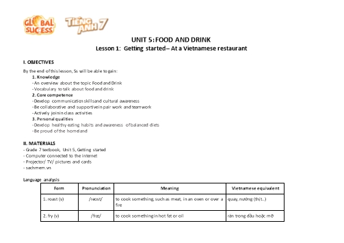 Giáo án Tiếng Anh Lớp 7 (Global Success) - Unit 5: Food and Drink