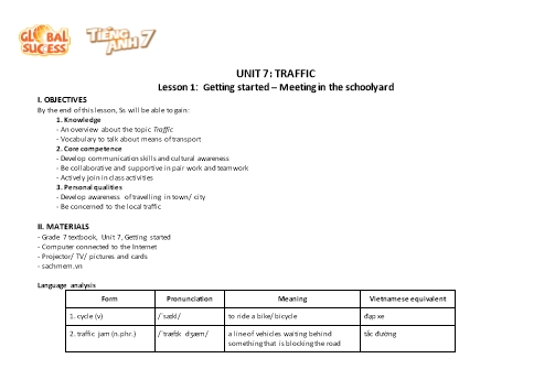 Giáo án Tiếng Anh Lớp 7 (Global Success) - Unit 7: Traffic