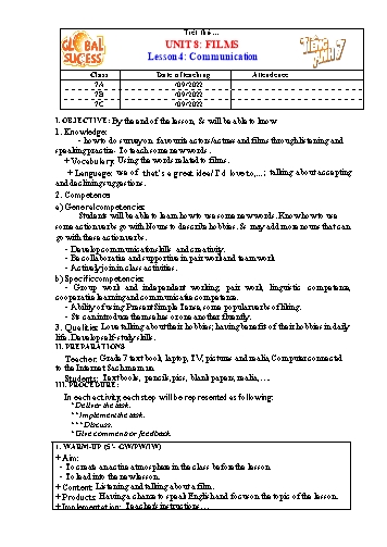 Giáo án Tiếng Anh Lớp 7 (Global success) - Unit 8: Films. Lesson 4: Communication - Năm học 2022-2023