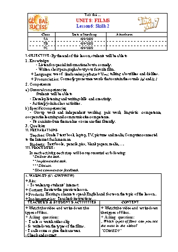 Giáo án Tiếng Anh Lớp 7 (Global success) - Unit 8: Films. Lesson 6: Skills 2 - Năm học 2022-2023