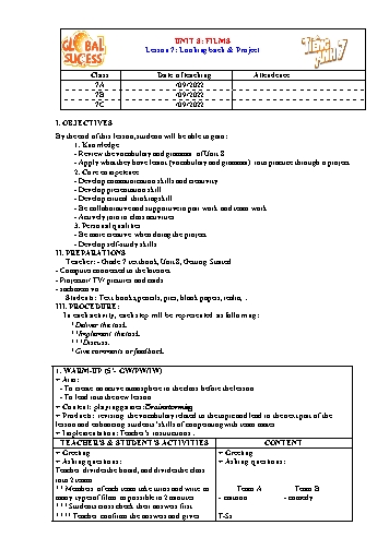 Giáo án Tiếng Anh Lớp 7 (Global success) - Unit 8: Films. Lesson 7: Looking back & Project - Năm học 2022-2023