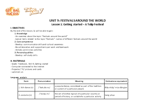 Giáo án Tiếng Anh Lớp 7 (Global Success) - Unit 9: Festivals Around The World