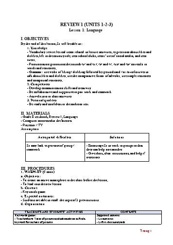 Giáo án Tiếng Anh Lớp 8 (Global Success) - Review 1 (Unit 1, 2, 3). Lesson 1+2