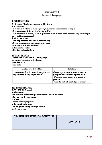 Giáo án Tiếng Anh Lớp 8 (Global Success) - Review 2 (Unit 4, 5, 6). Lesson 1+2