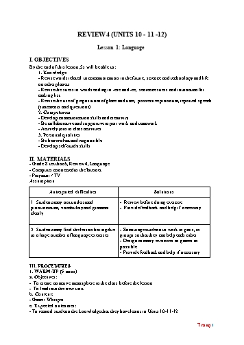 Giáo án Tiếng Anh Lớp 8 (Global Success) - Review 4 (Unit 10, 11, 12). Lesson 1+2