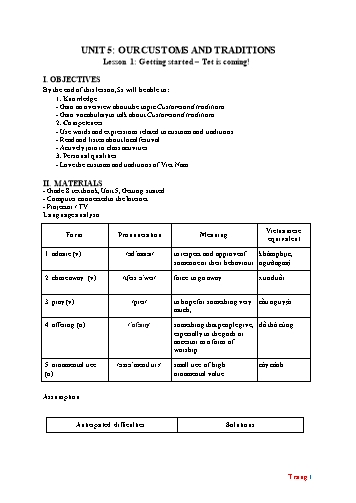 Giáo án Tiếng Anh Lớp 8 (Global Success) - Unit 5: Our Customs and Traditions