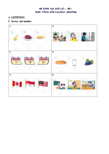 Đề thi giữa học kì 1 môn Tiếng Anh Lớp 4 (Global Success) - Đề số 1 (Có đáp án)