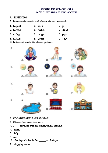 Đề thi giữa học kì 2 môn Tiếng Anh Lớp 4 (Global Success) - Đề số 3 (Có đáp án)
