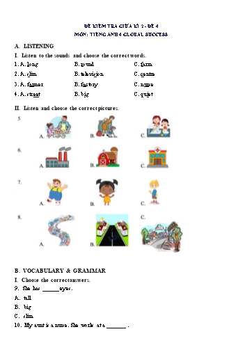 Đề thi giữa học kì 2 môn Tiếng Anh Lớp 4 (Global Success) - Đề số 4 (Có đáp án)