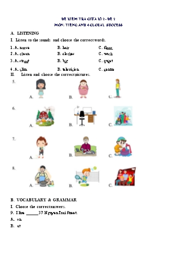Đề thi giữa học kì 2 môn Tiếng Anh Lớp 4 (Global Success) - Đề số 2 (Có đáp án)